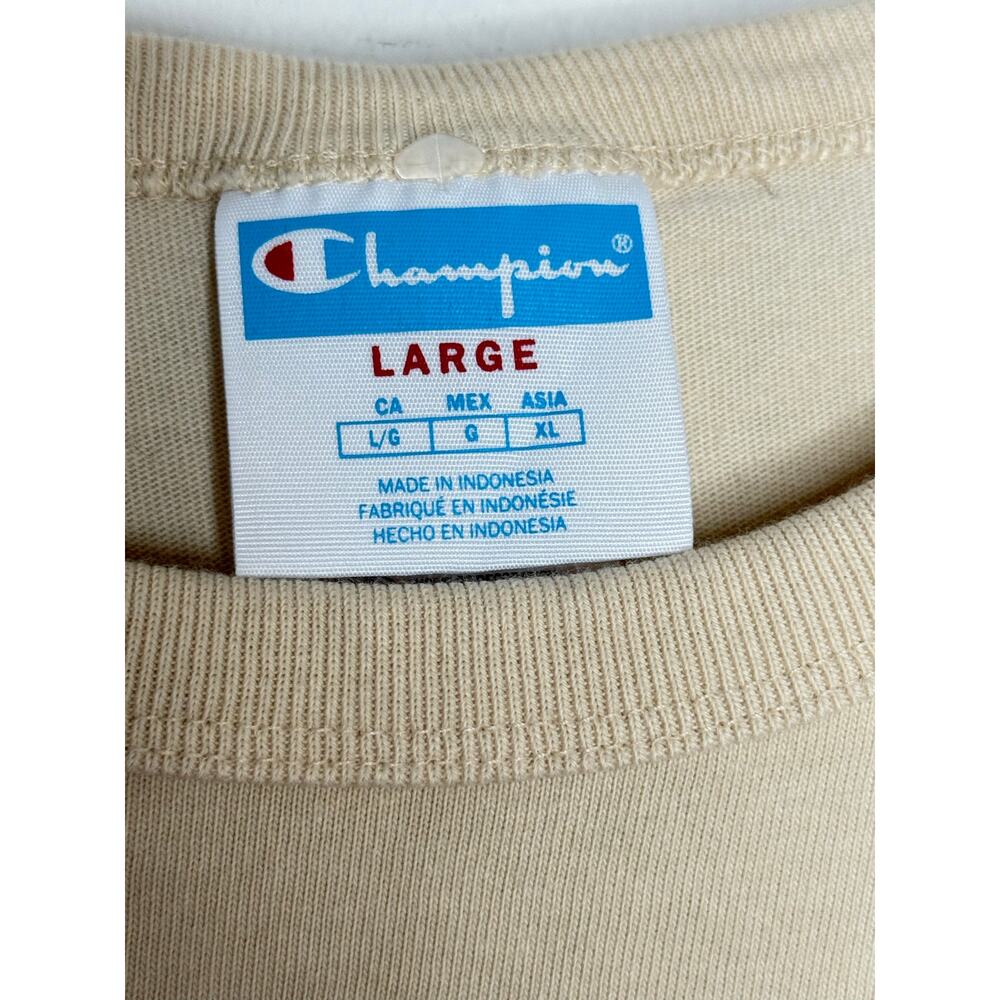 Champion‎ Logo Graphic Tee Beige Cream Short Sleeve Large Y2K Casual Streetwear - Picture 5 of 9